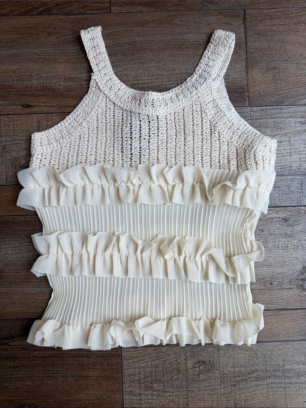 POL Cream Crochet Ruffled Knit Tank Top